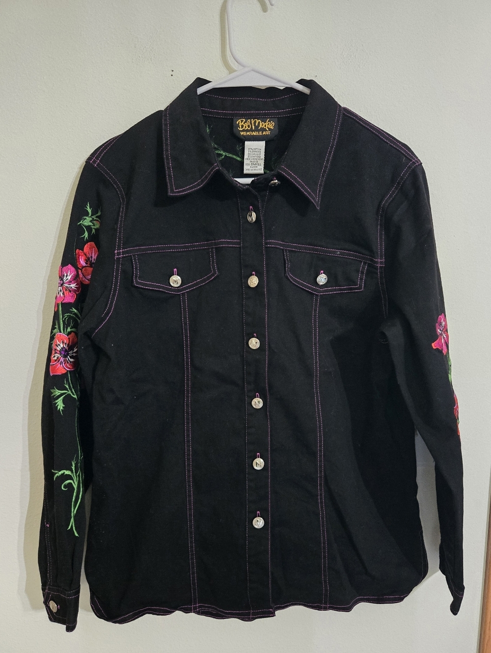 Bob Mackie Black Embroidered Floral Button-Up Blouse
